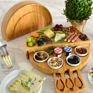 Bamboo <b>Cheese</b> Board <b>Set</b> Round Rotatable With <b>Knives</b> Cutting Board For Serving And Entertaining - Product Image 1