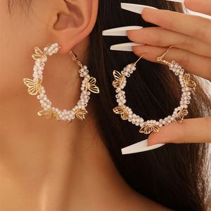 French Style Women's Trendy Geometric Fashion Gold Plated High-End <b>Butterfly</b> Rice Beads Hoop Earrings <b>Light</b> Luxury Big Gift - Product Image 2