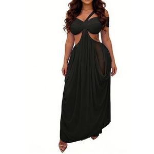 Vestido Maxi con Hombros Descubiertos y Detalle de Bolsillo Drapeado para Mujer, Vestido de Noche para Eventos Formales - Product Image 4