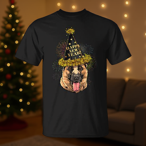 T-shirt da festa per cani con scritta Happy New Year del pastore tedesco, nera, per adulti, unisex - Product Image 3