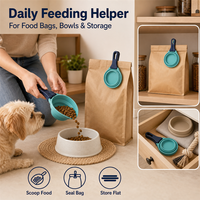 Cuillère à croquettes pour animaux de compagnie avec clip de fermeture pour sceller les sacs de nourriture, mesurer les portions et organiser quotidiennement les zones d'alimentation de la cuisine.