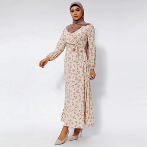 Bán Buôn Giản Dị Cánh Hoa Ngà Voan Váy khiêm tốn Hoàn toàn Lót Dài Tay Áo Hồi Giáo Maxi Hoa Dresses - Product Image 4