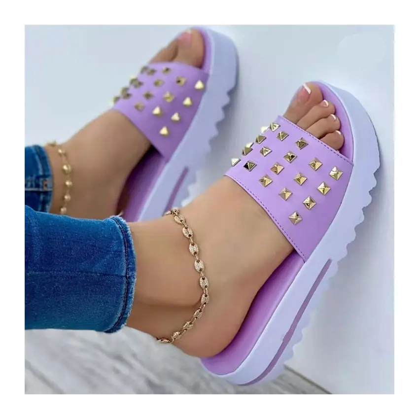 S361 Summer Women Flat Fitness Walking Style Shoes Slides Fashion Designer Leather Slide Outdoor Sandal Lady Rivet Wedge Slipper