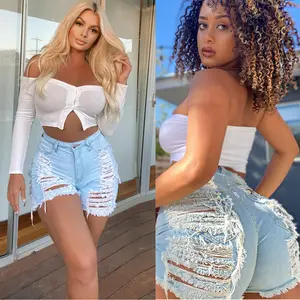 ripped denim bermuda shorts Clothing Vendor Woman Ripped Cutout Destroyed blue jean shorts for women