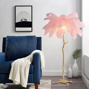 Modern White <b>Shade</b> Feather <b>Floor</b> <b>Lamp</b> Brass Base LED Soft Warm Light Contemporary Design Middle Size Residential Use Dimmable - Product Image 1