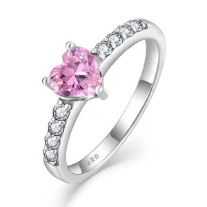 Buena calidad clásico 925 plata esterlina Rosa ópalo Zirconia pavé en forma de corazón anillo garra ajuste amor corazón anillo joyería
