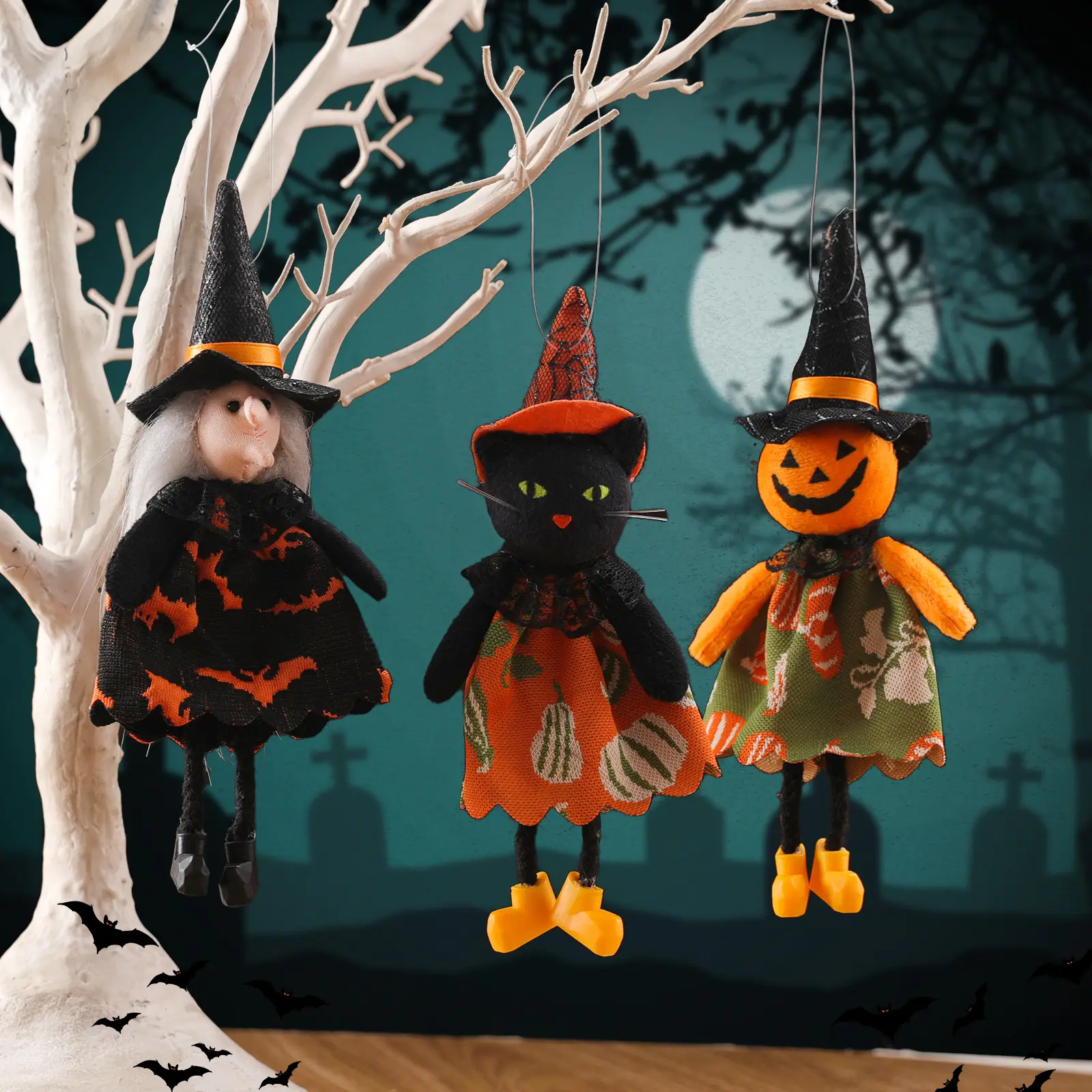 Halloween Decayed Trees Ornament Mesh Cross Acrylic Yarn Pumpkin Black Cat Witch Hanging Decoration