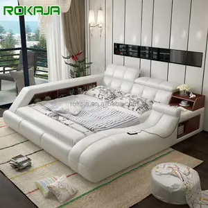 Cama de masaje eléctrica de cuero multifuncional moderna, almohada ajustable de Corea, estantería, cabecero