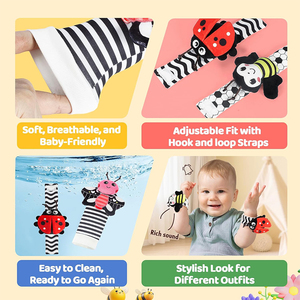 V432 Set di Sonagli <span class=keywords><strong>da</strong></span> Polso e Calzini con Animali Carini, Giocattoli per Neonati 0-12 Mesi in Bianco e Nero ad Alto Contrasto - Product Image 3