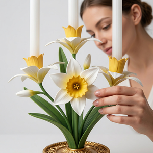 Candélabre en forme de narcisse avec trois bougies blanches pour la décoration de la maison - Product Image 2