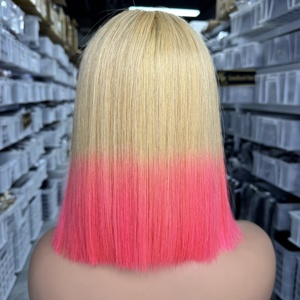 Wig Rambut Manusia Vietnam Mentah SDD Potongan Blunt, Wig Bob Lurus Alami dengan Lace Front HD 2x6, Warna Ombre Pink Blonde - Product Image 1