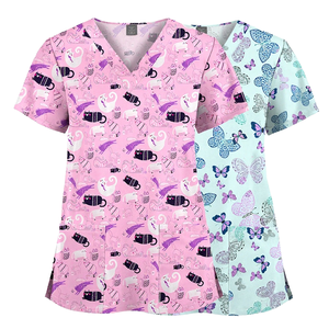 Nouveaux Blouses de Travail Unisexe en Polyester Élastique Imprimé pour Spa, Bain, Infirmière, Uniforme Européen/Américain Grande Taille Col en V Motif Floral Dessin Animé - Product Image 1