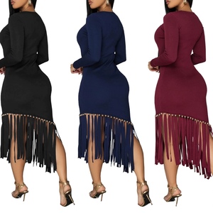 Vestidos de Moda para Mujer, Ajustados, de Color Sólido, Manga Larga, Cuello Redondo, con Flecos en el Bajo - Product Image 5