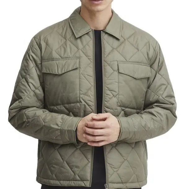 Oem Long Sleeves With Buttoned Cuffs Zip-up Relaxed Fit Collared Overshirt Winter Outdoor Coat Green Heated Men Jacket