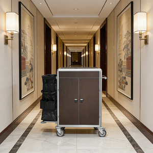 Chariot de ménage professionnel en acier robuste pour hôtel, avec deux sacs à linge, chariot de femme de chambre - Product Image 4
