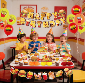 Decoración para Fiesta de Cumpleaños de Comida Rápida: Banderas de <span class=keywords><strong>Hamburguesas</strong></span>, Guirnaldas, Centros de Mesa de Panal, Adornos para Cupcakes y Pasteles, Globos Impresos y Juguetes Decorativos - Product Image 2