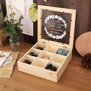 Wooden Jewelry Storage <b>Box</b> 9 Grid Flip Top <b>Lid</b> <b>With</b> Glass Cover For Organizing <b>Small</b> Accessories - Product Image 3
