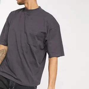 Fashion Left Chest Pocket Casual Blank T Shirt Custom Mock Neck Cotton Tshirt For Men