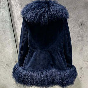 Manteau en cuir pour femme avec col en fourrure de Mongolie, veste en daim <span class=keywords><strong>bleu</strong></span> foncé pour l'automne - Product Image 2