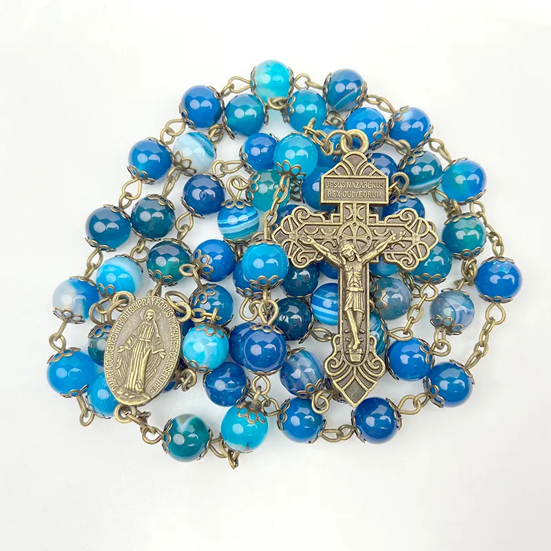 Perles en agate à rayures bleues de 8mm, fait à la main, avec capuchon en laiton Antique et médaillon catholique