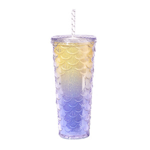 Shang Kou Ai Double Wall Plastic Cup Colorful Fish Scale Design Large Capacity With Straw Reusable Party Drinkware - Product Image 5