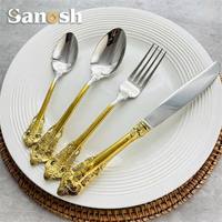 SANOSH Ensemble de couverts de luxe vintage baroque en acier inoxydable 304 argenté et doré pour mariage