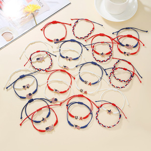 สร้อยข้อมือแฟชั่นชาร์ม 24 ชิ้นชุดสีแดงสีขาวสีฟ้าธงชาติสหรัฐอเมริกาหัวใจดาวโลหะผสมด้ายเคลือบแว็กซ์ของขวัญสำหรับทุกเพศเครื่องประดับ - Product Image 3
