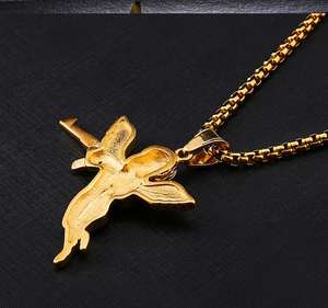 Collar de Cadena Cubana con Colgante de Ángel en Acero Inoxidable Dorado, Estilo Hip-hop <span class=keywords><strong>Rock</strong></span>, Guerra y Paz - Product Image 6