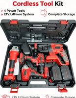 Ensemble d'outils électriques au lithium-ion 4 pièces : perceuse électrique sans balais, clé à chocs, meuleuse d'angle, marteau électrique
