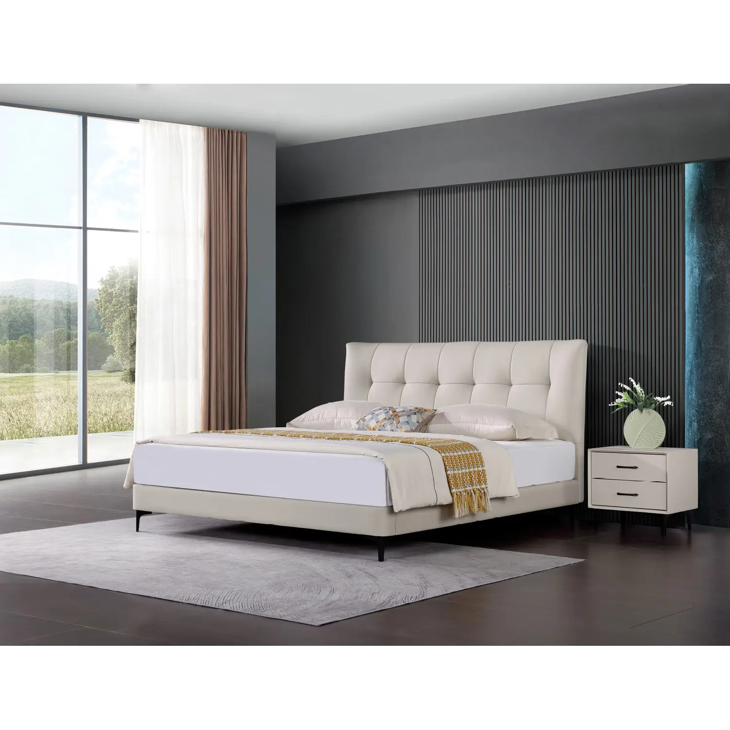 מיטות יוקרה מודרניות קלאסיות הטובות ביותר עם ראש מיטה, סט ריהוט חדר שינה מעור איטלקי מלון קינג סייז זוגי