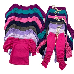 QL2022 Wholesale Casual Joggers Outfit Solid Cotton Puffsleeve Top + Stack <b>Leggings</b> Sportswear Outfits Kid Clothing - Product Image 1