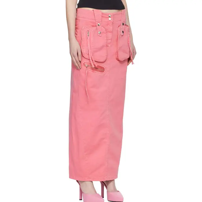 Falda maxi de sarga de algodón con ventilación trasera personalizada de fabricante faldas rectas con bolsillos cargo y parche frontal para mujer
