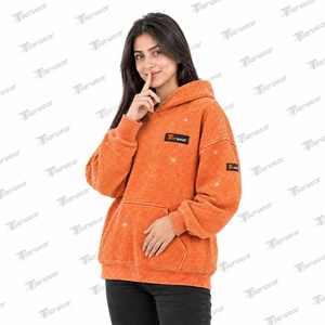 Tiierwear Women's <b>Orange</b> Oversized acid washed <b>Hoodie</b> Fleece With rhinestone Front Logo Pocket Regular Fit Autumn Wear - Product Image 4