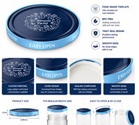 Couvercle de bocal personnalisé à ouverture facile en fer blanc de qualité alimentaire avec joint d'étanchéité 58mm 63mm 70mm 82mm pour contenants alimentaires en verre