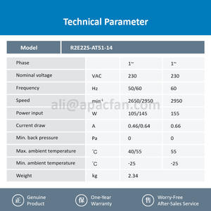 Ventilador Centrífugo de Refrigeración OEM ebmpapst R2E225-AT51-14 230V CA 2650 RPM 225 mm 105 W 0.46 A 825 m³/h con Inclinación Hacia Atrás para Inversor Siemens - Product Image 3