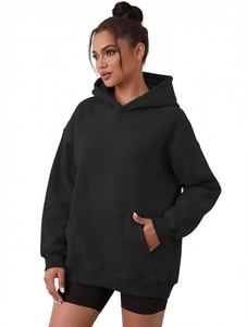 <b>Women</b> Oversized Hooded Sweatshirt Long Sleeve Solid Color <b>Fleece</b> Pullover Autumn Casual Wear <b>Black</b> - Product Image 1
