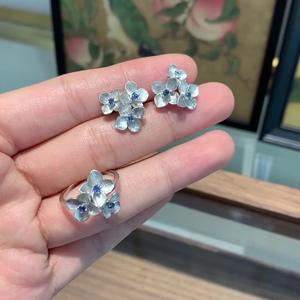 S925 Pure Silver Three-Dimensional Brushed Blue Embroidered <b>Ball</b> Flower Ring Earrings <b>Chinese</b> Style Fine Jewelry Set - Product Image 3