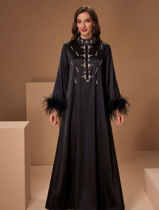 Robe Abaya élégante Leduo personnalisée pour femme, style Dubaï, avec poignets doublés de fourrure, coupe ample, longueur ras du sol, adaptée à toutes les occasions - Product Image 4