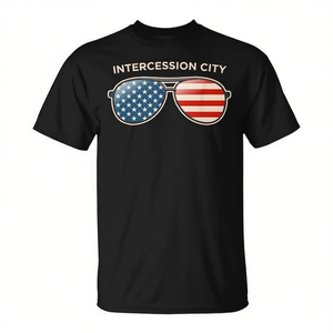 T-shirt Intercession City avec motif drapeau américain et lunettes de soleil, chemise promotionnelle noire pour hommes - Product Image 2
