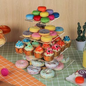 Présentoir à cupcakes carré moderne en acrylique à 4 niveaux, pliable et portable, transparent, pour mariages, anniversaires, magasins, bar à bonbons - Product Image 4