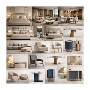 Ensemble de chambre à coucher personnalisé de marque OEHOME haut de gamme, revêtement taupe chaud, base en laiton, accents en marbre, éclairage moderne, rangement capitonné - Product Image 1