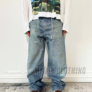 ผู้ผลิตแฟชั่นสตรีทแวร์แบบกำหนดเอง กางเกงยีนส์เดนิมประดับเพชร กางเกงยีนส์ทรงหลวมประดับเพชรคุณภาพสูงแบบกำหนดเอง - Product Image 1
