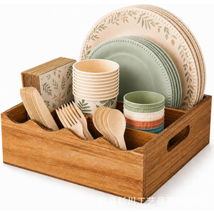 Boîte de rangement en bois pour couverts, organisateur de comptoir de cuisine avec compartiments pour ustensiles, assiettes et tasses - Product Image 1