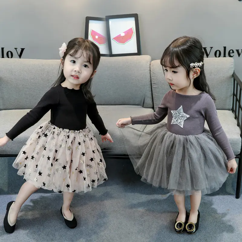 Vijfpuntige Ster Gedrukt Baby Meisjes Jurk Koreaanse Schattige Prinses Meisje Met Lange Mouwen Jurk
