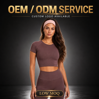 Atasan Gym Wanita Tanpa Jahitan Lengan Pendek Slim Fit Kerah Bulat Cokelat Coklat Cepat Kering untuk Yoga Fitness Training Activewear Kaos