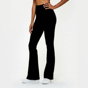 Mid <b>Flared</b> Leg Yoga <b>Leggings</b> Full Length Solid Black Polyester/Nylon Four-Way Stretch Elastic Simple Pants Women's Fitness Wear - Product Image 1