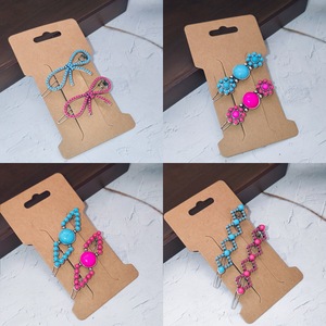 2PCS New Retro Bowknot Turquoise <strong>Hair</strong> <strong>Clip</strong> <strong>Set</strong> - Pink &amp; Blue Geometric Pattern Inlay - Chic Western Style Bobby Pins for Women - Product Image 3