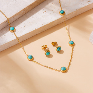 European American Retro Turquoise Clavicle Chain Round Earrings Studs <b>Bracelet</b> Necklace Stainless Steel Jewelry <b>Set</b> Women's - Product Image 2