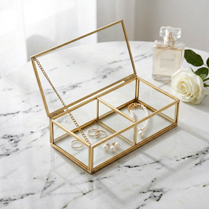 Wholesale Modern Luxury Home <b>Decorative</b> Brass Glass Compartmental Storage Organizer Box with Custom Size for Jewelry Cosmetics - Product Image 1