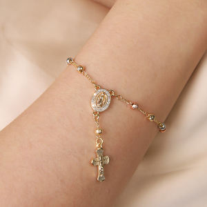 Joyería Religiosa, Virgen de Guadalupe, Cruz con Circonitas, Pulsera con Colgante de la Virgen María, Bañada en Oro de 14k, Pulsera con Cruz de Rosario Tricolor - Product Image 4